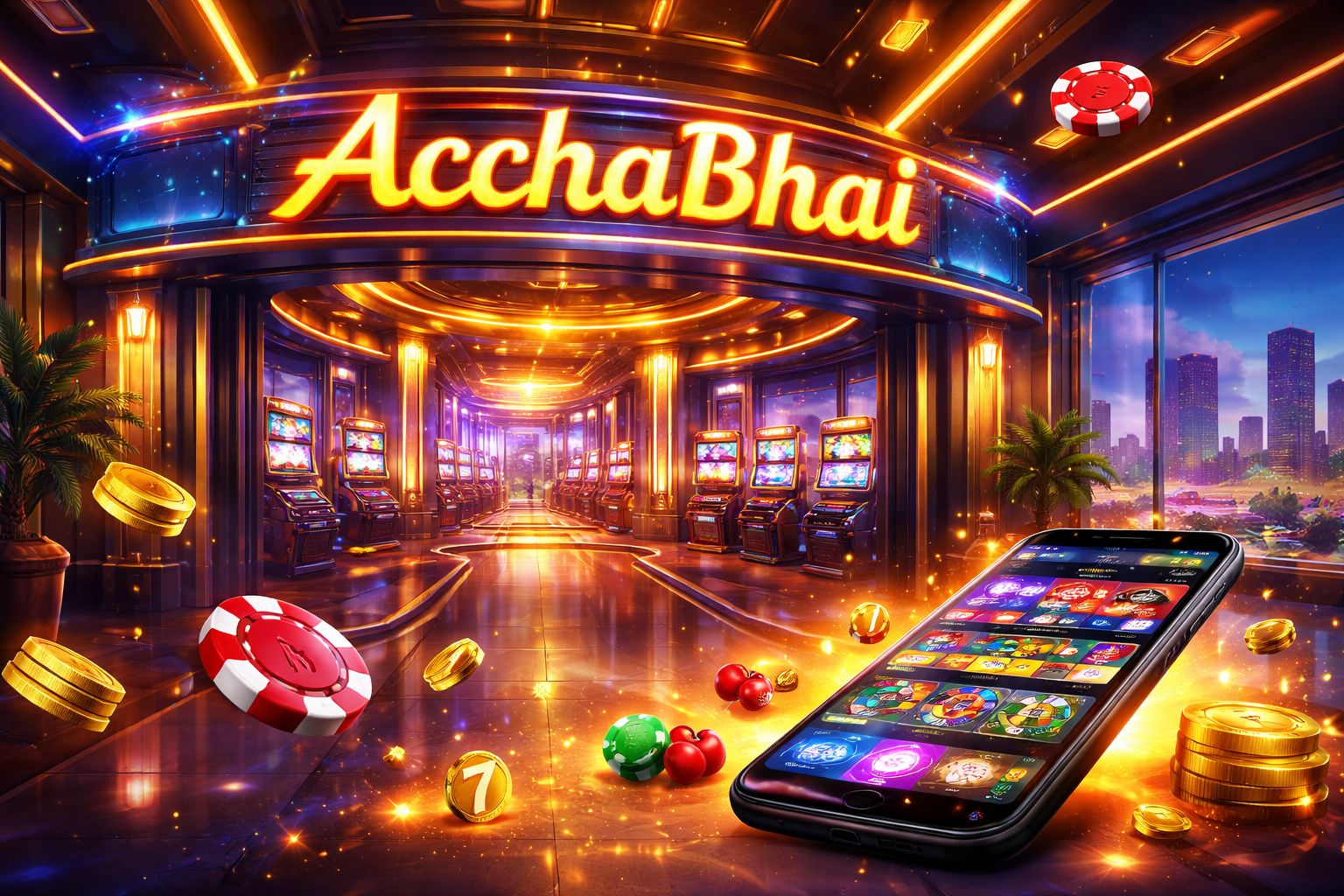 Dynamic Bangladeshi gaming scene with vibrant casino elements and the AcchaBhai brand logo illuminated in neon lights against a modern cityscape