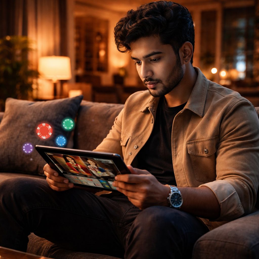 Sophisticated online gaming atmosphere with glowing poker chips and digital slot reels representing the premium Accha Bhai casino environment
