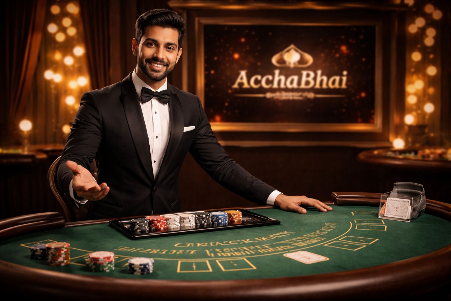 Professional live casino dealer in elegant attire welcoming players at a beautifully lit gaming table showcasing the premium AcchaBhai live entertainment experience